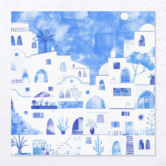 Waterverf Santorini Canvas Afdruk