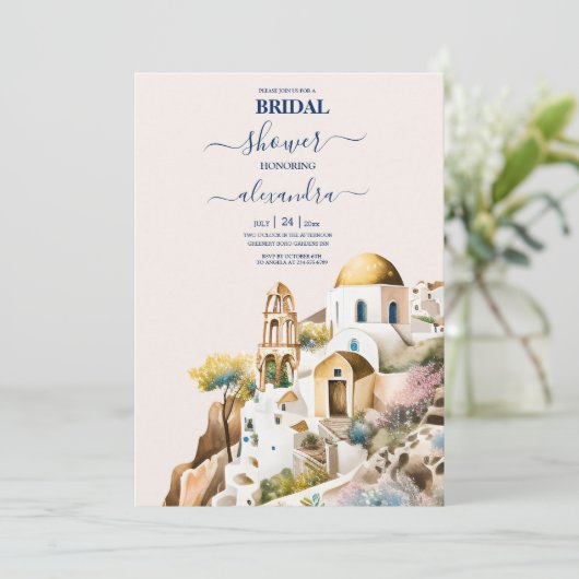 Waterverf Santorini Destination Bridal Uitnodiging (Staand voorkant)