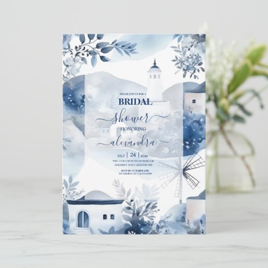 Waterverf Santorini Destination Bridal Uitnodiging (Staand voorkant)