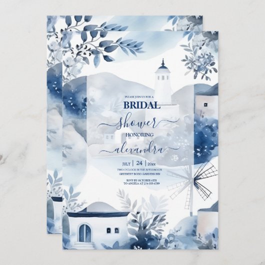 Waterverf Santorini Destination Bridal Uitnodiging (Voorkant / Achterkant)
