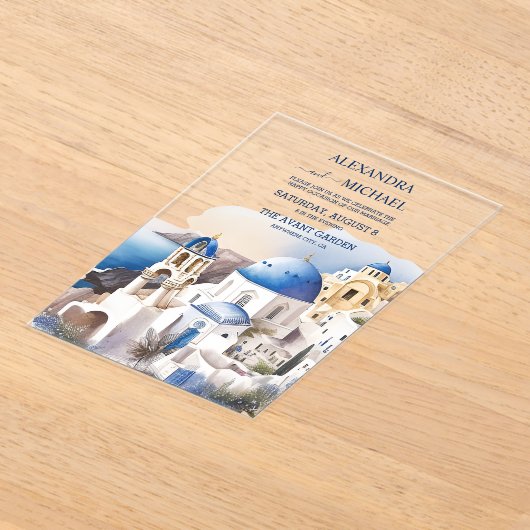 Waterverf Santorini Destination Wedding Acryl Uitnodigingen (Laagn)