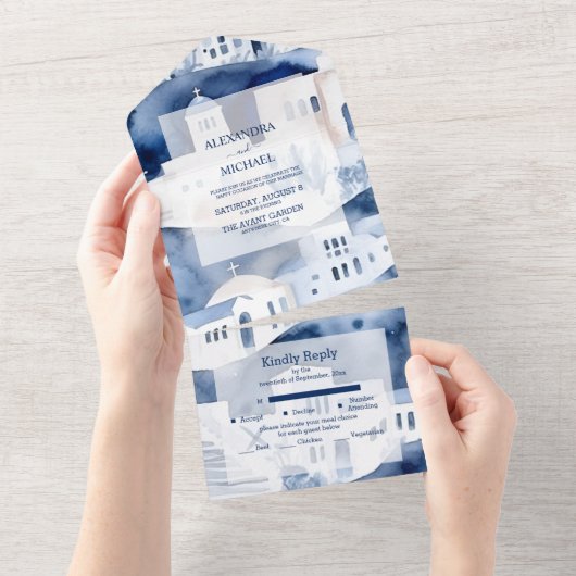 Waterverf Santorini Destination Wedding All In One Uitnodiging (Afscheurbaar)