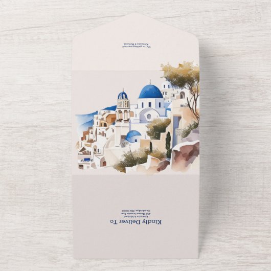 Waterverf Santorini Destination Wedding All In One Uitnodiging (Buitenkant)