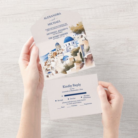 Waterverf Santorini Destination Wedding All In One Uitnodiging (Afscheurbaar)