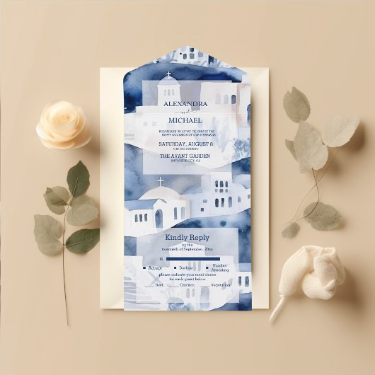 Waterverf Santorini Destination Wedding All In One Uitnodiging