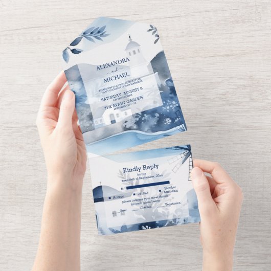 Waterverf Santorini Destination Wedding All In One Uitnodiging (Afscheurbaar)