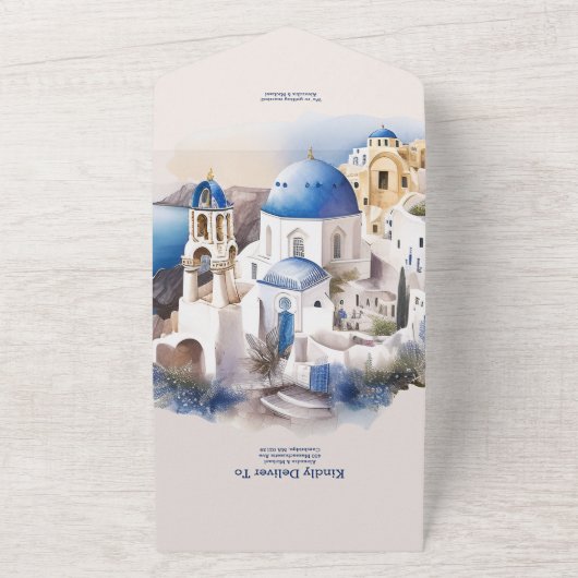 Waterverf Santorini Destination Wedding All In One Uitnodiging (Buitenkant)