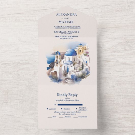 Waterverf Santorini Destination Wedding All In One Uitnodiging (Binnen)