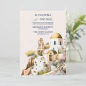 Waterverf Santorini Destination Wedding Invitation Kaart (Staand voorkant)