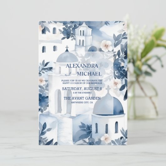 Waterverf Santorini Destination Wedding Kaart (Staand voorkant)