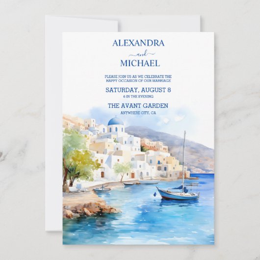 Waterverf Santorini Destination Wedding Kaart (Voorkant)