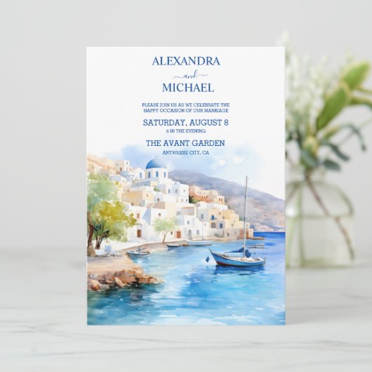 Waterverf Santorini Destination Wedding Kaart (Staand voorkant)
