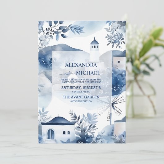 Waterverf Santorini Destination Wedding Kaart (Staand voorkant)