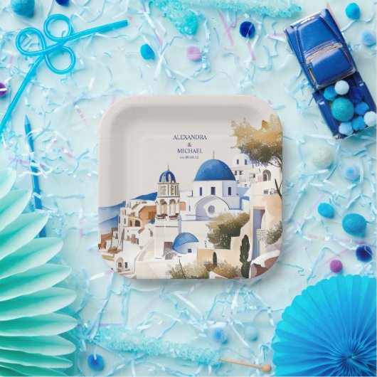 Waterverf Santorini Destination Wedding Papieren Bordje (Feest)