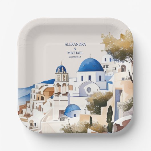Waterverf Santorini Destination Wedding Papieren Bordje (Voorkant)