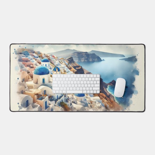 Waterverf Santorini Griekenland Blauw en Wit Bureaumat (Keyboard & Muis)