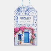Waterverf Santorini Griekenland bruiloft blauw en  Cadeaulabel (Achterkant)