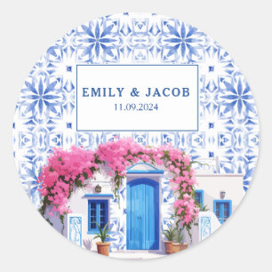 Waterverf Santorini Griekenland bruiloft blauw en Ronde Sticker