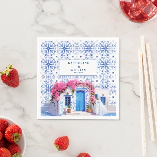 Waterverf Santorini Griekenland bruiloft blauw en  Servet (Insitu)