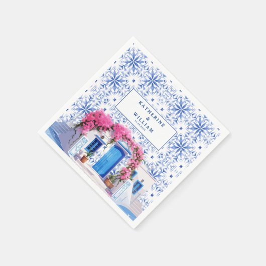 Waterverf Santorini Griekenland bruiloft blauw en  Servet (Hoek)