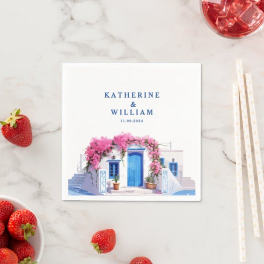 Waterverf Santorini Griekenland bruiloft blauw en  Servet (Insitu)
