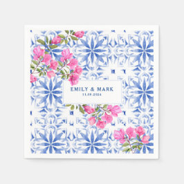 Waterverf Santorini Griekenland bruiloft blauw en  Servet