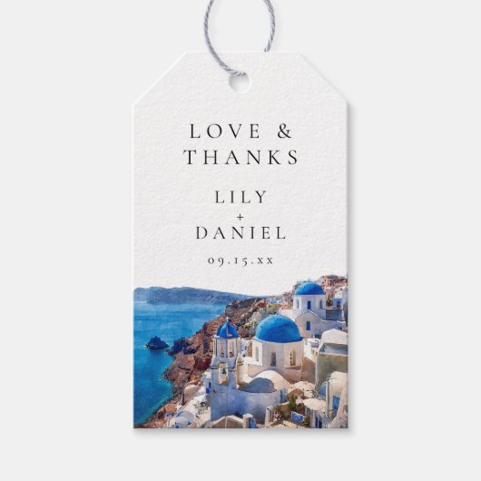 Waterverf Santorini Griekenland bruiloft Dank u Cadeaulabel (Voorkant)