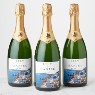 Waterverf Santorini Griekenland Destination Huweli Sparkling Wijnetiket