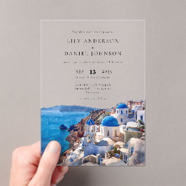 Waterverf Santorini Griekenland Destination Weddin Acryl Uitnodigingen