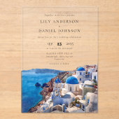 Waterverf Santorini Griekenland Destination Weddin Acryl Uitnodigingen (Voorkant)