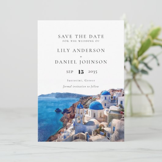 Waterverf Santorini Griekenland Destination Weddin Save The Date (Staand voorkant)