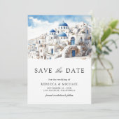 Waterverf Santorini Griekenland Fotobruiloft Save The Date (Staand voorkant)