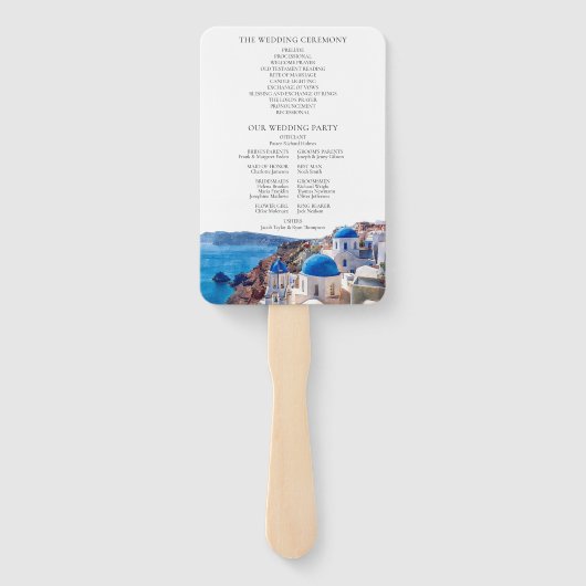 Waterverf Santorini Griekenland Huwelijksprogramma Handwaaier (Achterkant)