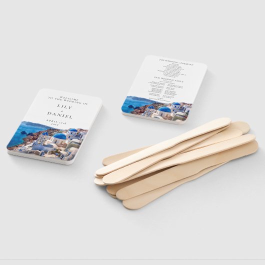 Waterverf Santorini Griekenland Huwelijksprogramma Handwaaier (Niet-gemonteerd)