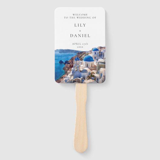 Waterverf Santorini Griekenland Huwelijksprogramma Handwaaier (Voorkant)