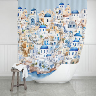 Waterverf Santorini Griekenland Moderne Griekse va Douchegordijn