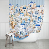Waterverf Santorini Griekenland Moderne Griekse va Douchegordijn