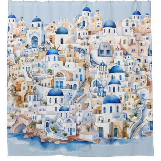 Waterverf Santorini Griekenland Moderne Griekse va Douchegordijn (Voorkant)