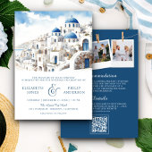 Waterverf Santorini Griekenland QR Code Bruiloft Kaart