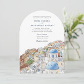 Waterverf Santorini Griekenland Skyline bruiloft Kaart (Staand voorkant)