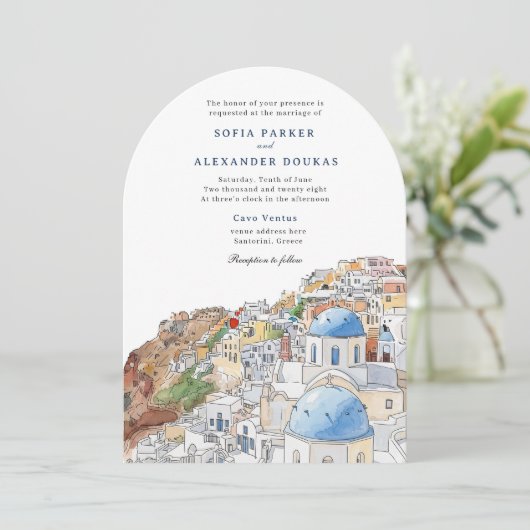Waterverf Santorini Griekenland Skyline bruiloft Kaart (Staand voorkant)