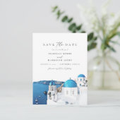 Waterverf Santorini Griekenland Skyline Save the D Briefkaart (Staand voorkant)