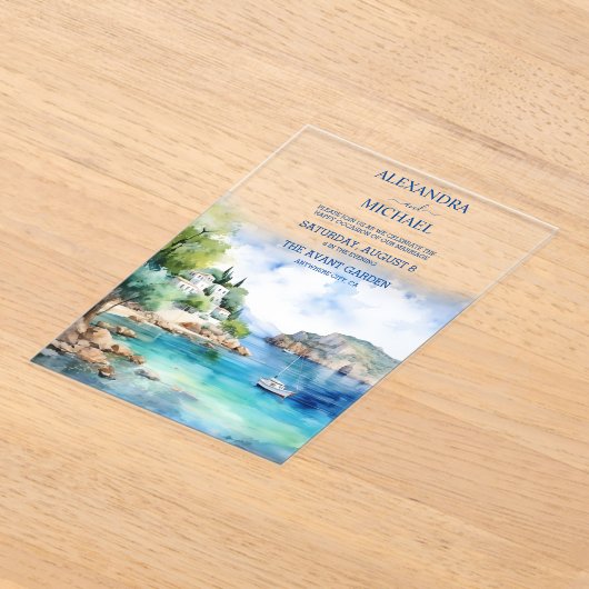 Waterverf Santorini Grieks Bruiloft Acryl Uitnodigingen (Laagn)