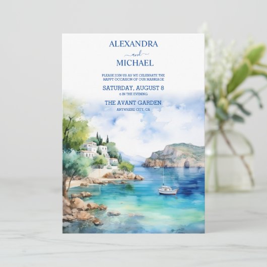 Waterverf Santorini Grieks Bruiloft Kaart (Staand voorkant)