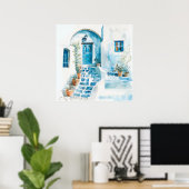 Waterverf Santorini Griekse kunst aan de muur Poster (Thuiskantoor)