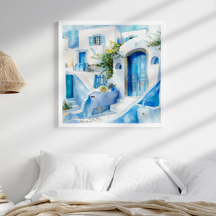 Waterverf Santorini Mediterraans Reizen Kunst Poster