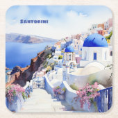 Waterverf Santorini Oia Kartonnen Onderzetters (Voorkant)