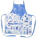 Waterverf Santorini Schort<br><div class="desc">Waterverf blauw en witte tuinschilderij op het Griekse eiland Santorini.</div>