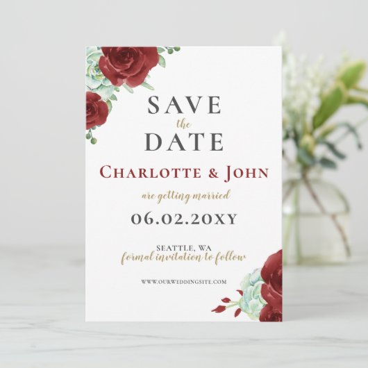 Waterverf sappig Bourgogoud Save The Date (Staand voorkant)