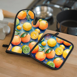 Waterverf sappig citrus ovenwant en pannenlap set